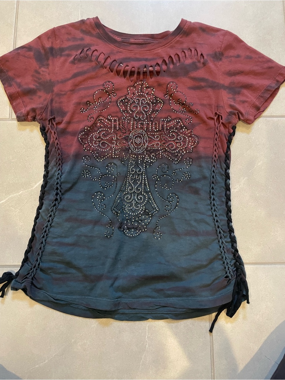 Affliction Red to Black Ombre Braided Side Tee with Rhinestone Cross